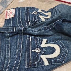 True Religion Women's Dark Blue Jeans with White Stitching